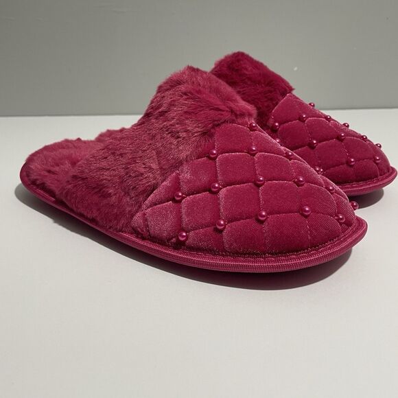 Avon Shoes - Avon Women’s Soft Faux Fur & Pearls Pink Slippers Size 9/10